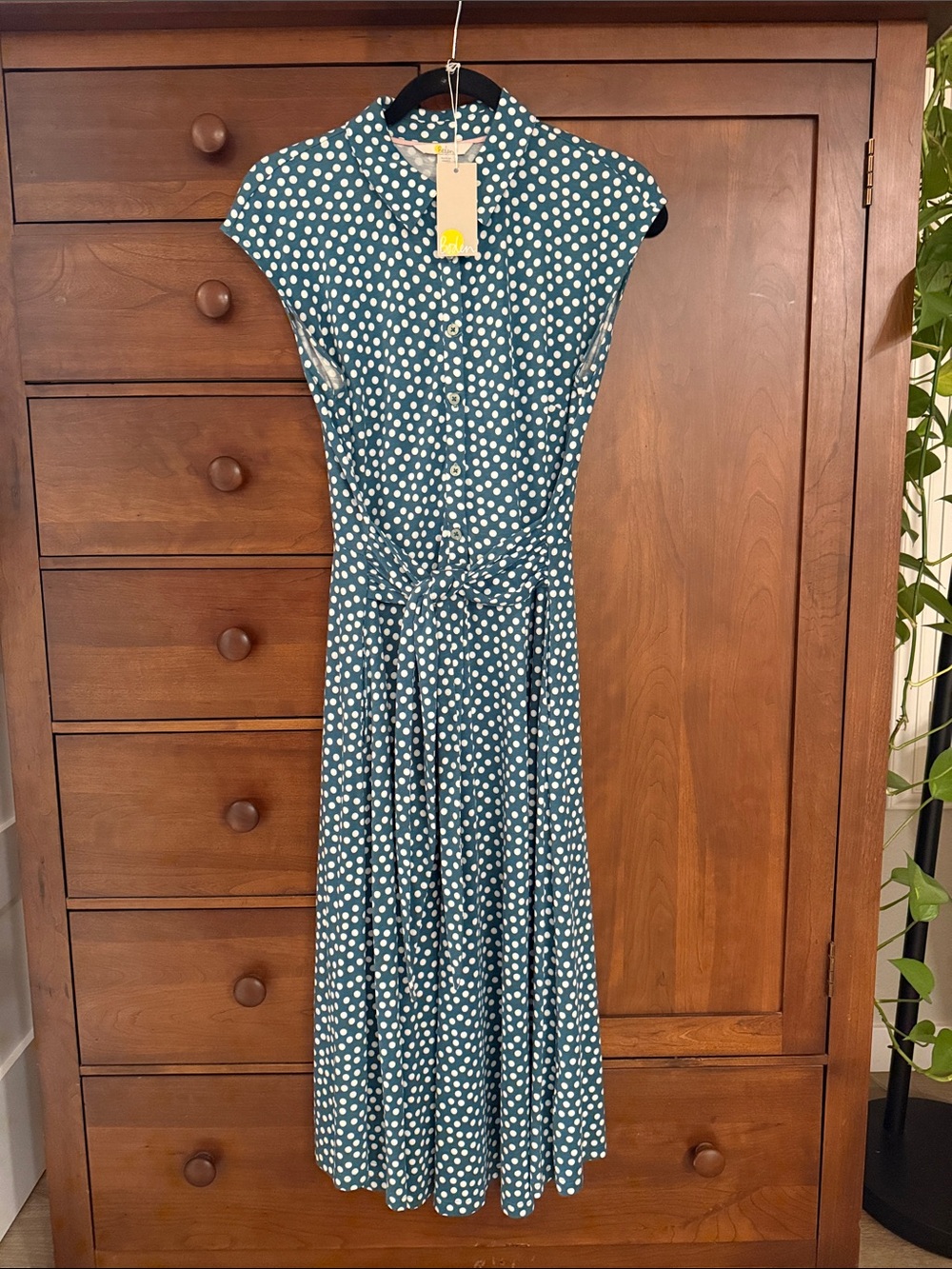 Boden Teal and White Polka Dot Tie-Waist Midi Dress